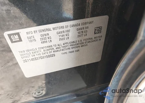 2016 Chevrolet Impala 2Lz from USA, damaged, VIN 2G1145S37G9150029